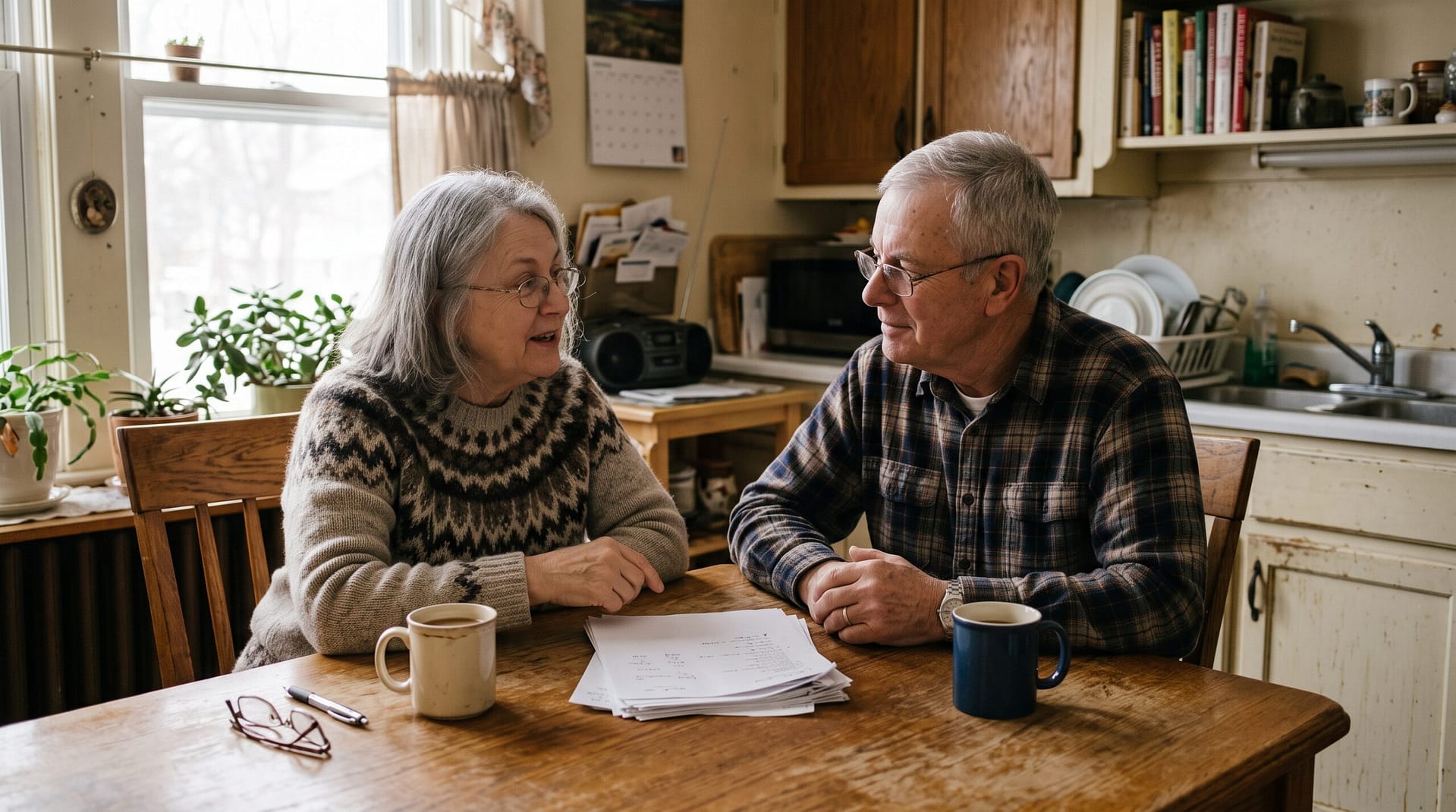 An older couple reviews planning documents at their kitchen table, where charitable planning in Indiana usually starts.