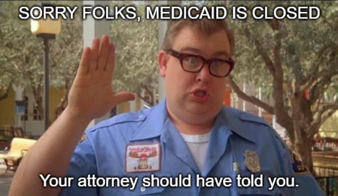 Indiana Medicaid waiver waiting list illustrated as a closed gate, park attendant turning families away